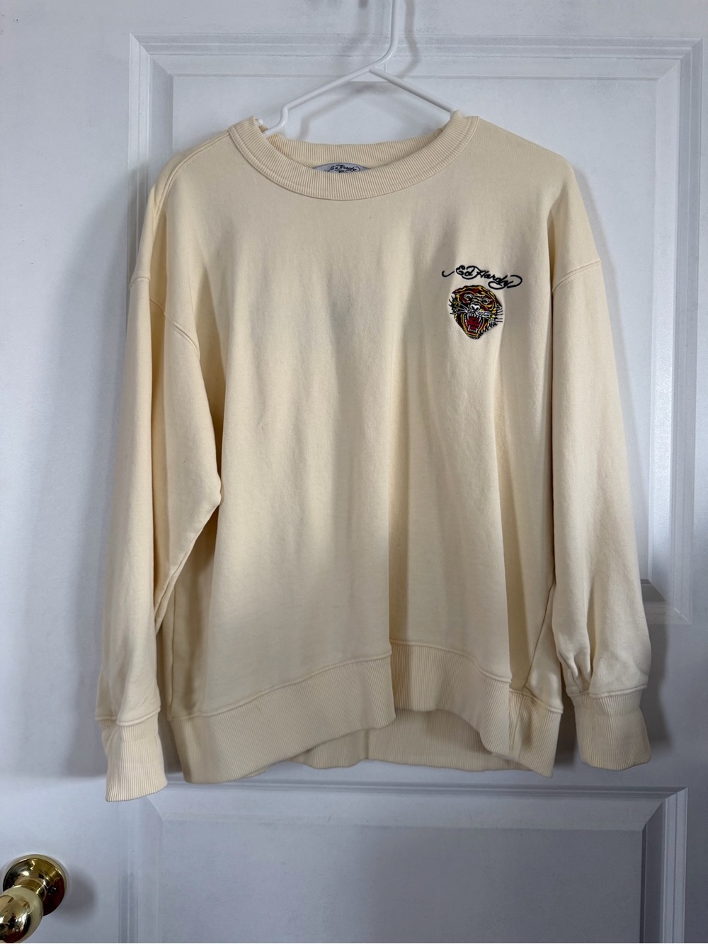 Ed Hardy Tiger Embroidered Butter Yellow Crewneck Sweatshirt Size XL 100% Cotton